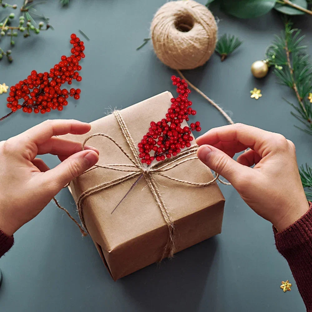 Artificial Berries Branches Christmas Red Holly Berry Stem DIY Flowers Simulation Plant Xmas Tree New Year Party Decor Ornaments Qme