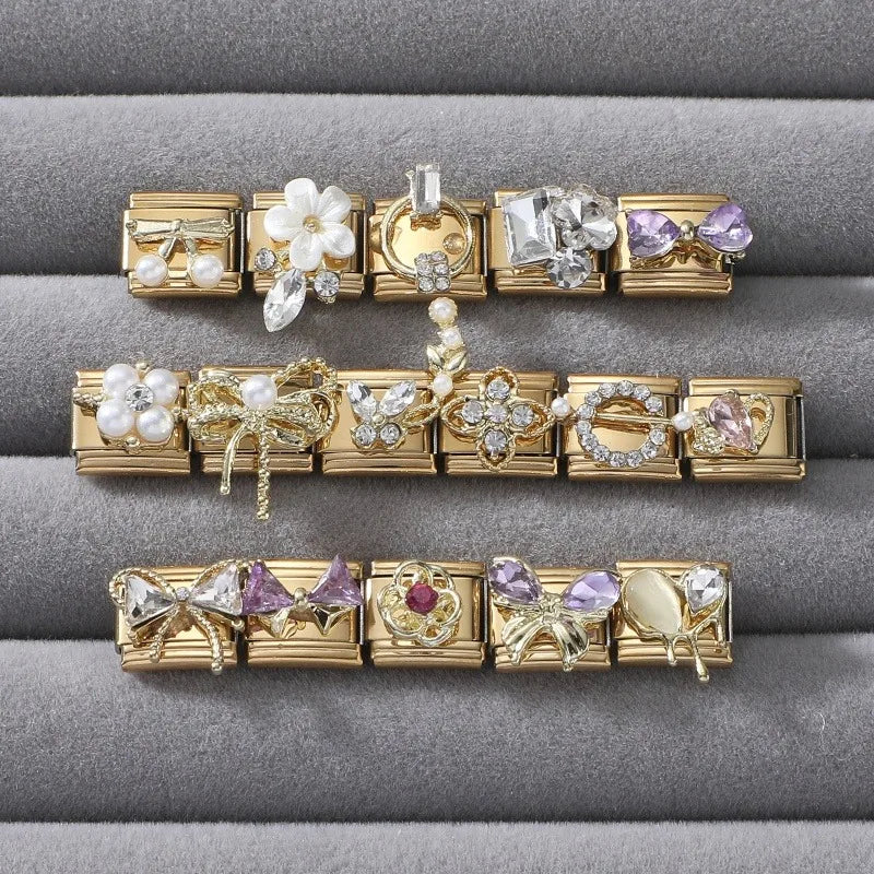 Premium Gold Color Zircon Bowknot Italian Charm Bracelet Stainless Steel Elastic Bracelet Link Bangle DIY Women Men Jewelry Gift Qme