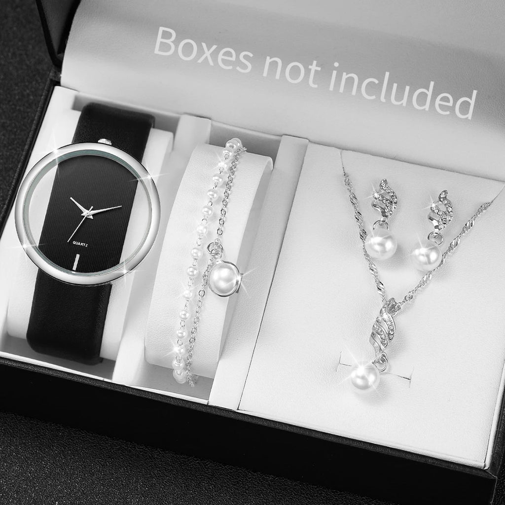 Women's Hollow Quartz Watch with Leather Bracelet, Pearl Jewelry Set, Fashion Watches, Without Box, 5 Pieces Per Set Qme black