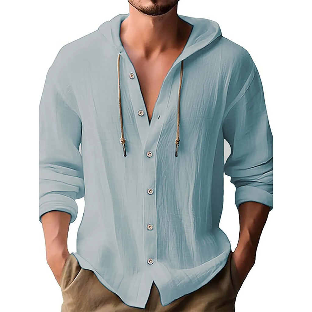 Men's Solid Color Casual Long Sleeved Shirt With Hood And Drawstring Cotton And Linen Cardigan Fashionable Daily Versatile Top Qme