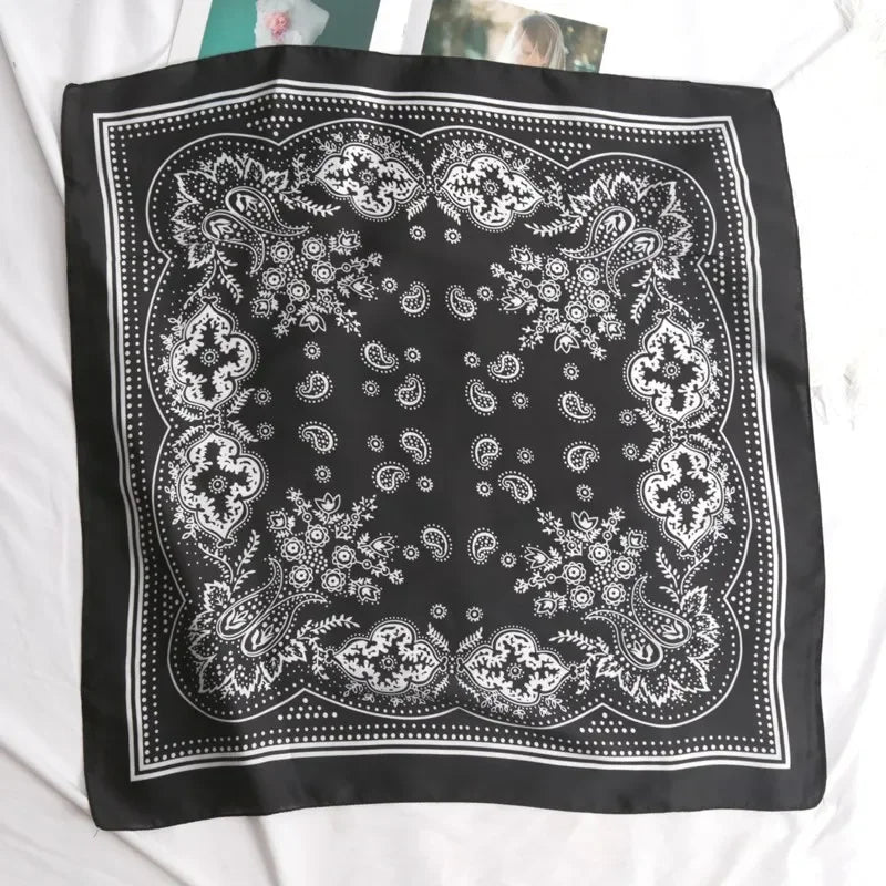 Women Scarf Fashion Paisley Printed Hijab Satin Bandana Head Scarfs Qme black 70cm-70cm