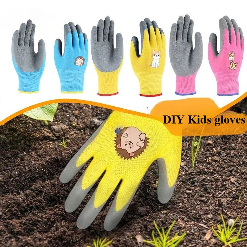 3Pairs Kids Beach Glove Anti-Pinch Crab Catching Garden Waterproof Non-Slip Wear-Resistant Latex Work Glove Qme Yellow Cat