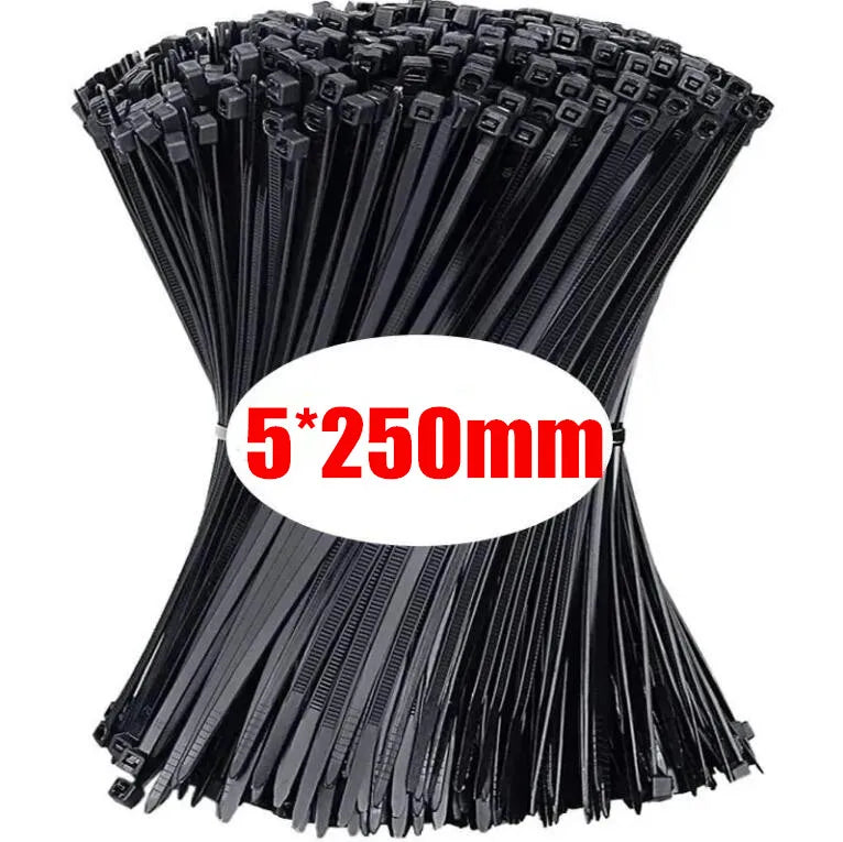 1000/100PCS Nylon Cable Ties Self-locking Cord Ties Straps Adjustable Cables Fastening plastic clamp Heat Resistant Wire Zip Tie Qme Black(5x250mm) 1000PCS