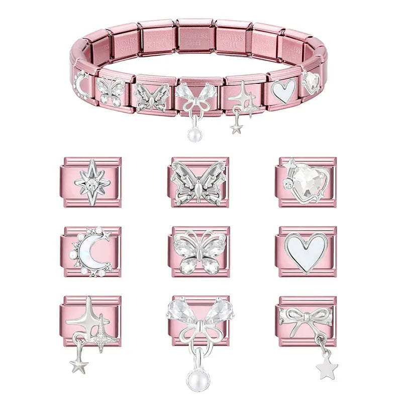 2025 Women Zircon Moon Pearl Stars Heart Butterfly Bow Pendant Italian Charm Links Fit 9mm Stainless Steel Bracelet DIY Making Qme