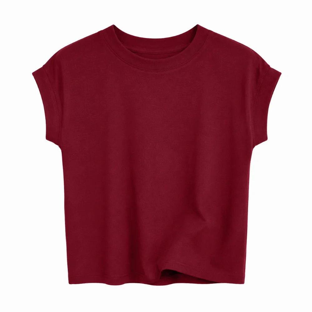Korean Style Round Neck Women T Shirt Solid Color Breathable Short Sleeved T Shirt Slim Fit Stretchy Thin Base Top Summer Qme Red M