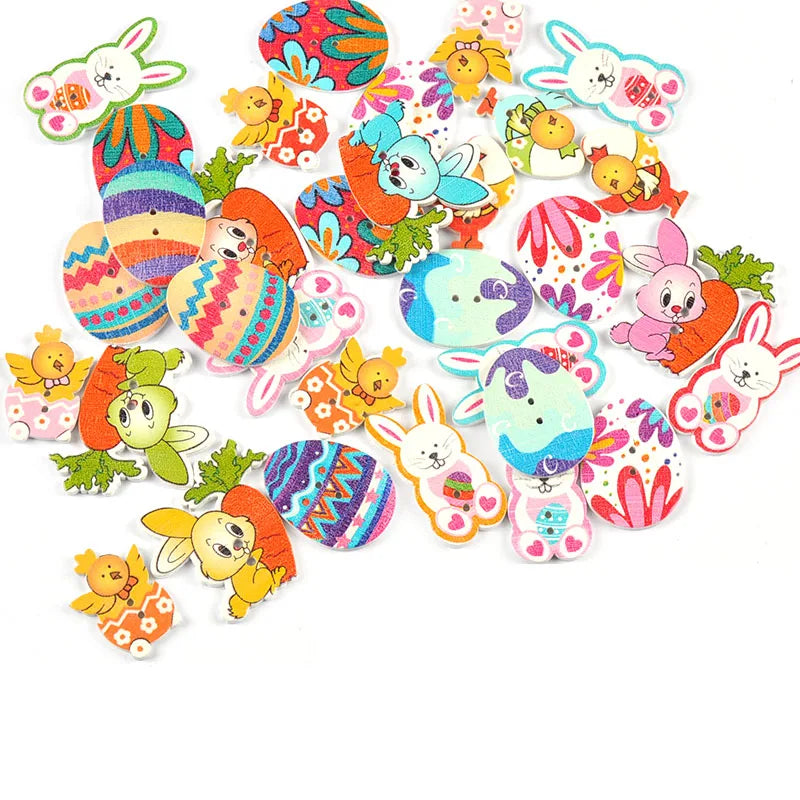 25pcs 1.8-3.5cm Easter Eggs/Bunny Cartoon Pattern Mixed Wooden Buttons For DIY Handmade Crafts Sewing Accessories Party Decor Qme