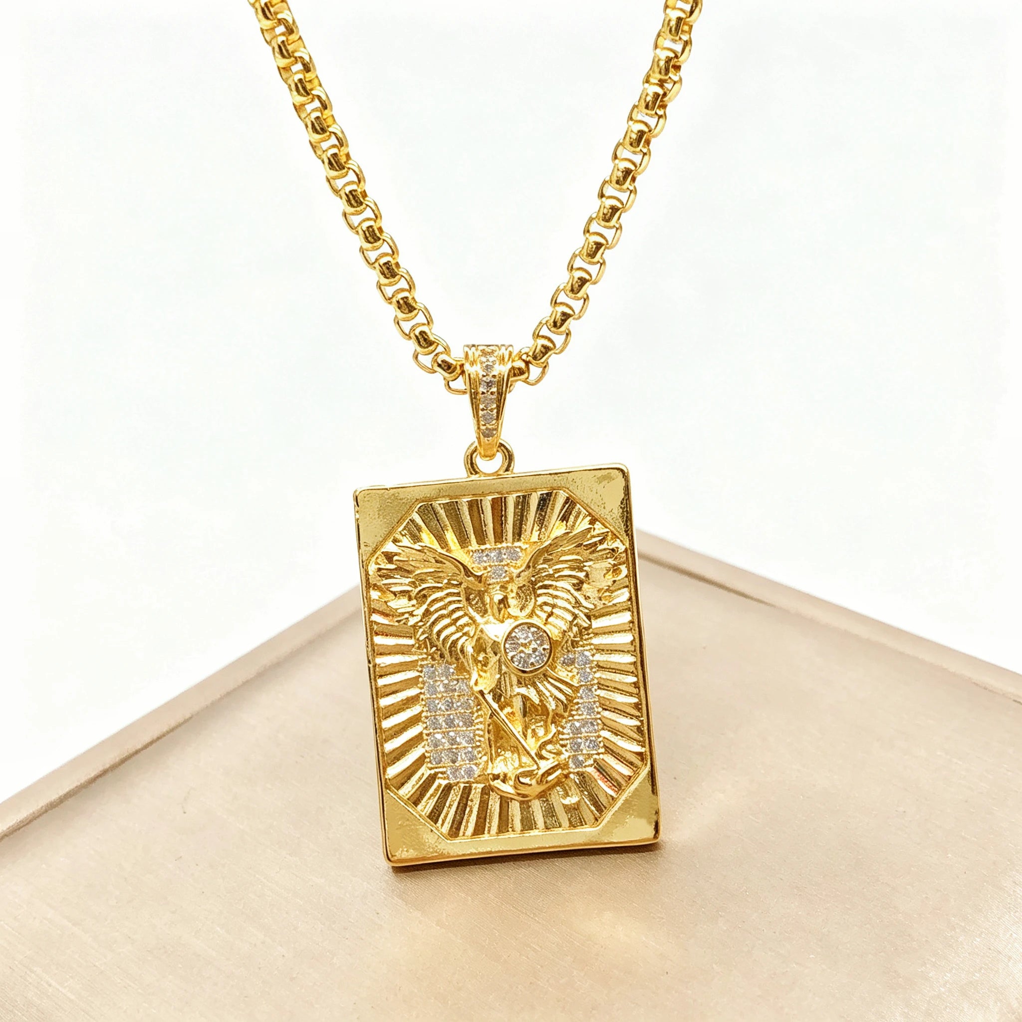 High Quality Square Religious St. Michael Stainless Steel Necklace Fashion for Men Women Party Gold/Rose Gold Zircon Jewelry Qme 1 60cm