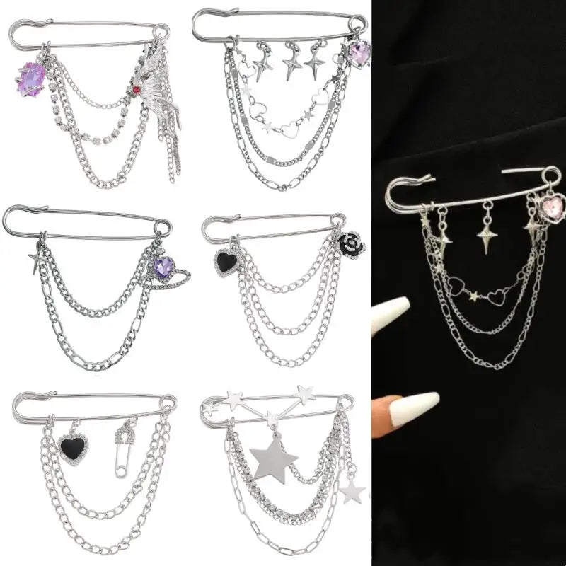 Women Men Brooch Suit Tassel Chain Lapel Pin Shirt Collar Brooch Badge Retro Pins Wedding Party Dance Neckwear Accessories Qme