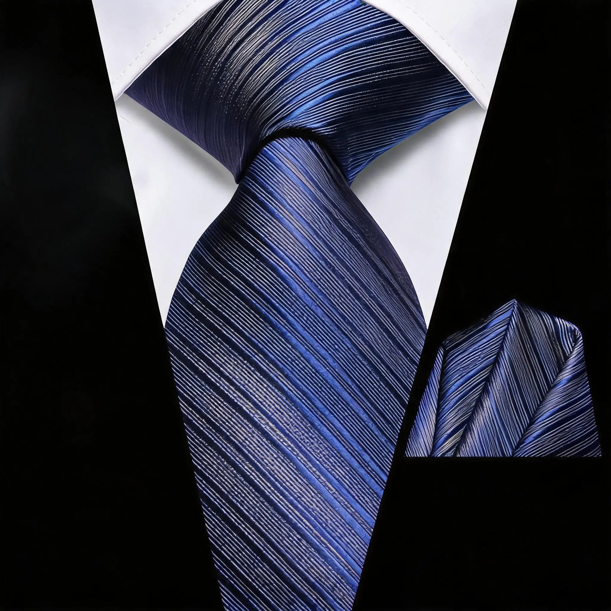 Diagonal Striped Tie Pocket Square Blue Black Brown Gold Men Formal Qme HT-LDSN3976