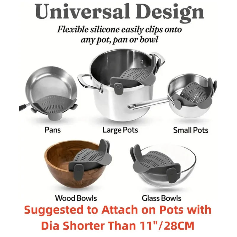Adjustable Pot Strainer Clip-on Kitchen Pots Pans Bowls Stainless Qme