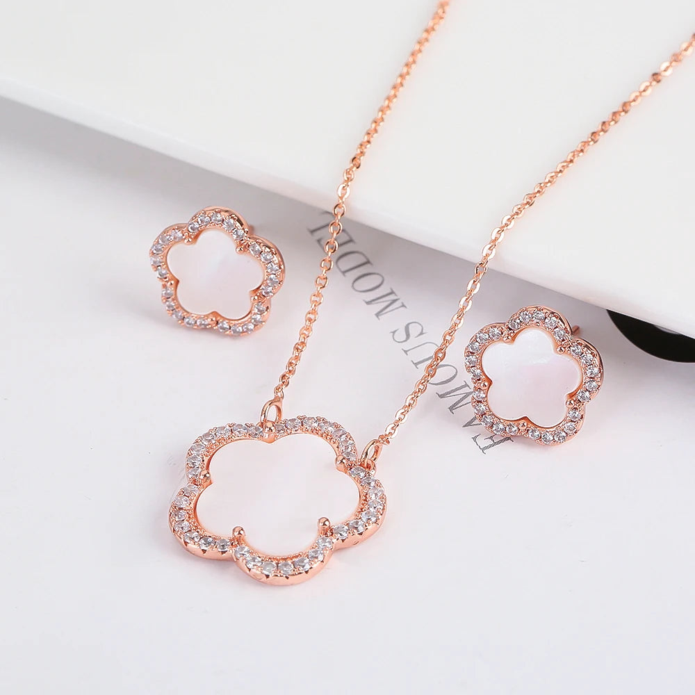 Trendy New Sweet Fashion Natural White Solid Five Leaf Petals Women Jewelry Set Necklace Earrings High Quality Gift Qme 15