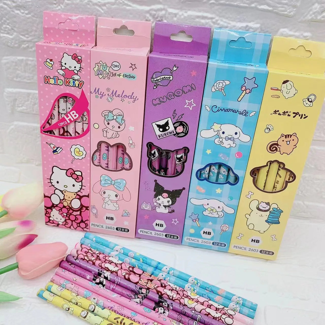 Hello Kitty Kuromi Pencil Case Set Cute Cartoon-Style Solid-Color 2B Pencils 12-Pack HB Writing Pencils Qme 4