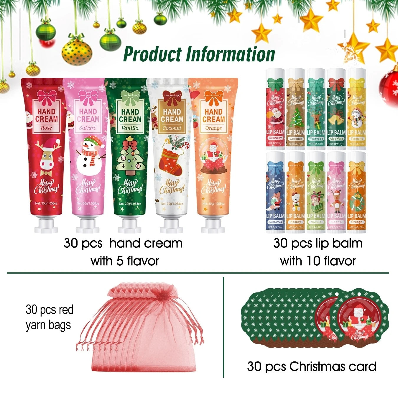 Christmas Gift Set Distribution 120PCS/Box in Bulk, Lip Balm in Bulk, Hand Cream in Bulk, Christmas Cards, Gift Gauze Bags Qme