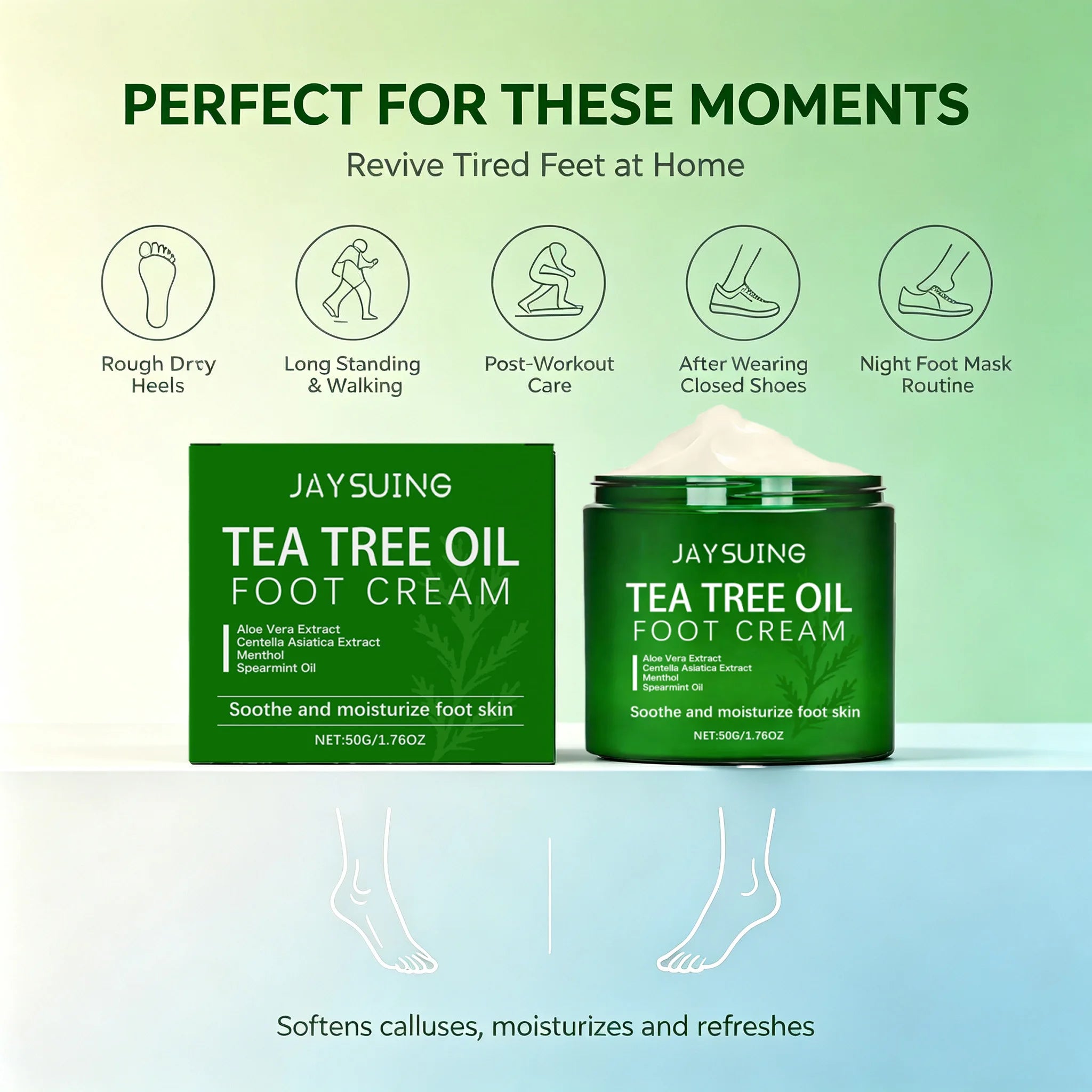 Tea Tree Oil Foot Cream for Dry Cracked Feet Rough Heels Soothing Moisturizing Nourishing Cream Refreshing Non-Greasy Daily Foot Qme