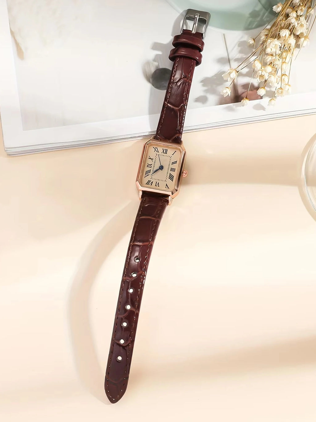Casual Rectangle Pointer Quartz Watch Rome Fashion Analog Retro PU Leather Wrist Watch For Women Girls Qme