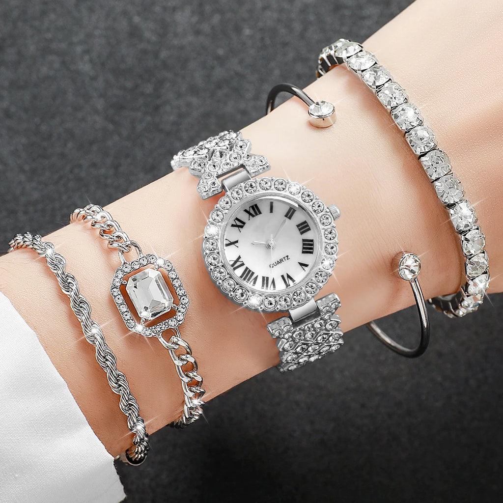 5Pcs Women Rhinestone Watch Jewelry Set Roman Dial Quartz Watch Crystal Bracelet Earring Bangle Ladies Gift Watch Qme Silver Set