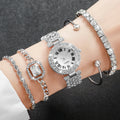 5Pcs Women Rhinestone Watch Jewelry Set Roman Dial Quartz Watch Crystal Bracelet Earring Bangle Ladies Gift Watch Qme Silver Set