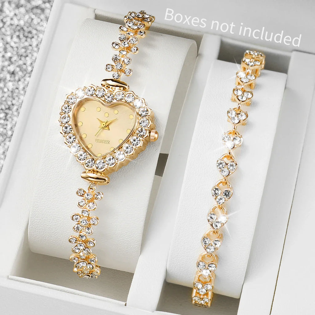 2PCS Set Women Watches Luxury Rhinestone Bracelet Ladies Heart Dial Quartz Wristwatches Dress Clock Montre Femme（Without Box ） Qme Gold Set No Box