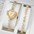 2PCS Set Women Watches Luxury Rhinestone Bracelet Ladies Heart Dial Quartz Wristwatches Dress Clock Montre Femme（Without Box ） Qme Gold Set No Box