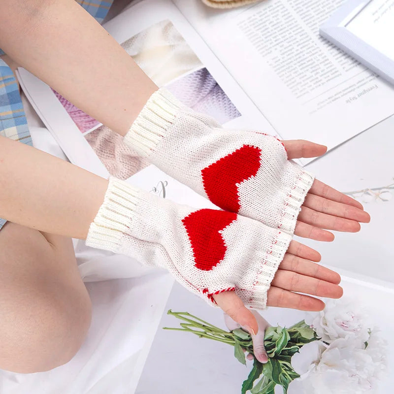 Women Gloves Stylish Hand Warmer Winter Glove Girls Arm Crochet Knitting Goth Lolita Heart Mitten Warm Fingerless Cosplay Gloves Qme WHITE length-20cm