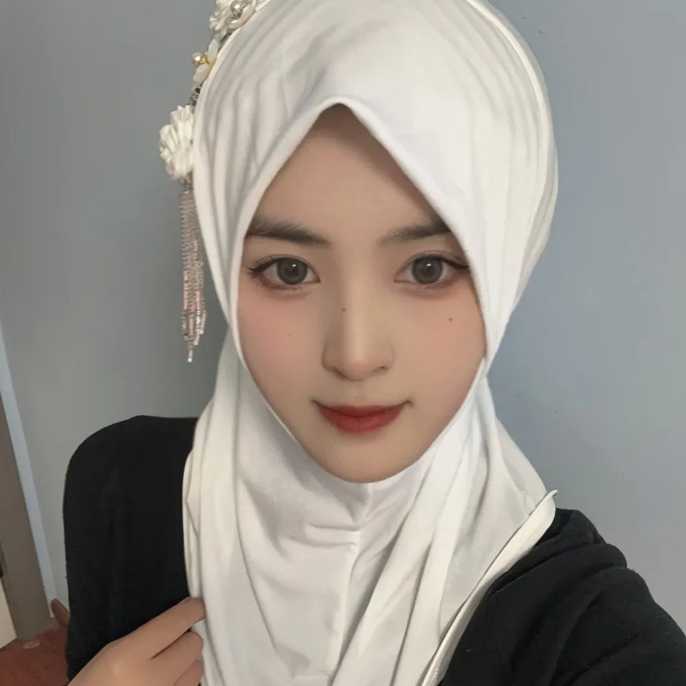 Round Neck Elastic Flower Tassel Hijab Cap Breathable Solid Color Pre-Tied Headscarf Soft Fabric Polyester Head Wrap Home Qme