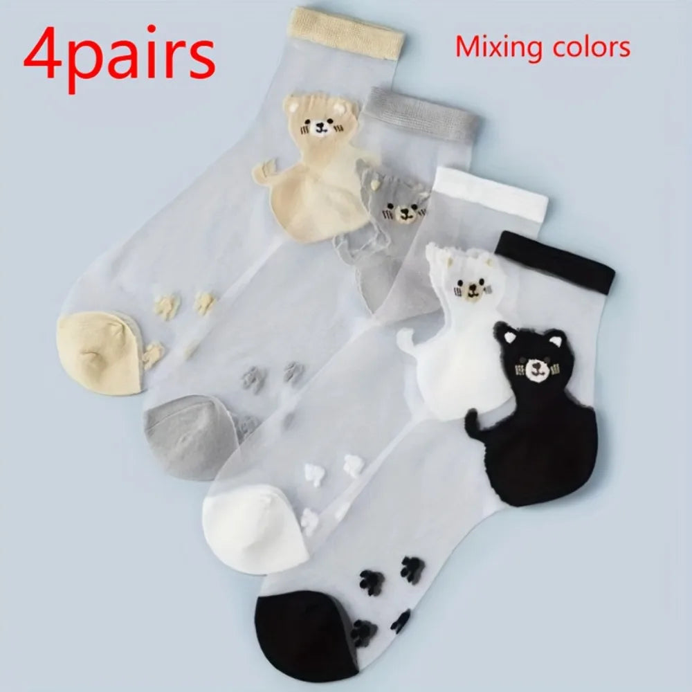 Women's Cute Bear Pattern Sheer Socks, Transparent Crystal Silk Ankle Socks For Summer, Casual & Daily Wear Qme Mixing color-4pairs One Size