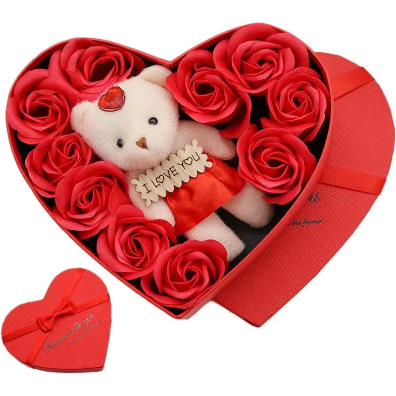 Valentine's Day 10 Floral Rose Artificial Flowers 1 Bear Box Qme