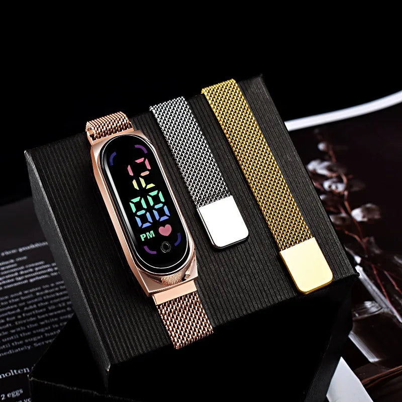 New Magnetic LED Electronic Watch, Student Sports Alloy Bracelet, Gift Children's Electronic Watch Qme