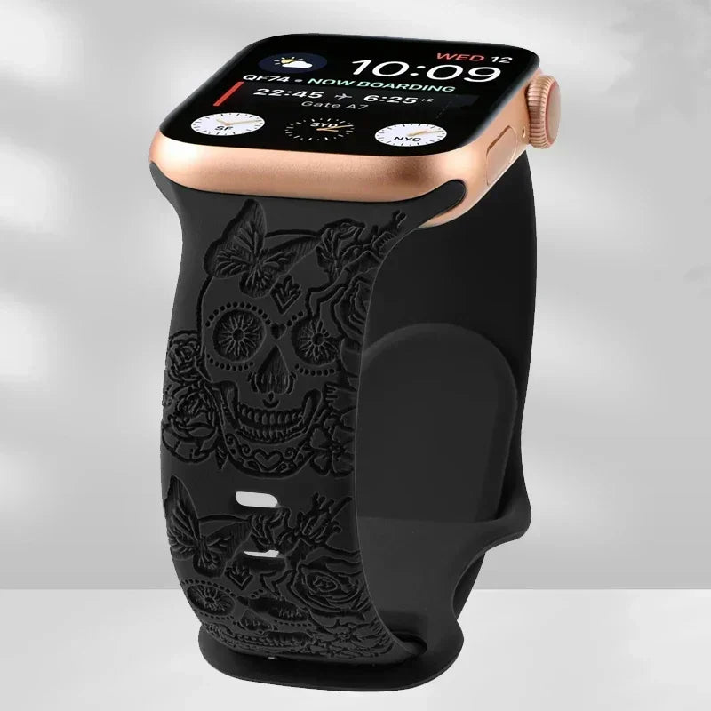 Skull Engraved Strap For Apple Watch Band Ultra 2 49mm 45 44 40 41 42 38mm Silicone Sport Bracelet For iWatch Series 8 9 7 65 SE Qme Black 38mm 40mm 41mm
