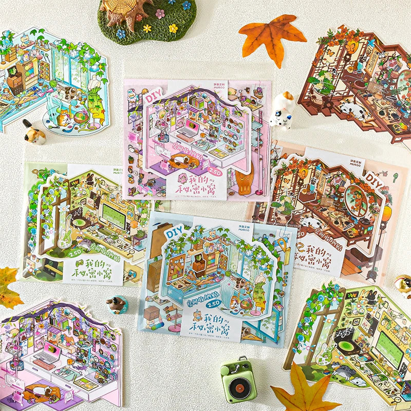 DIY Cartoon Leisure Life in 4 Seasons Landscape Sticker 3D Pocket Cabin Scene Stacking Pasting Stickers Gift for Kid Child Qme