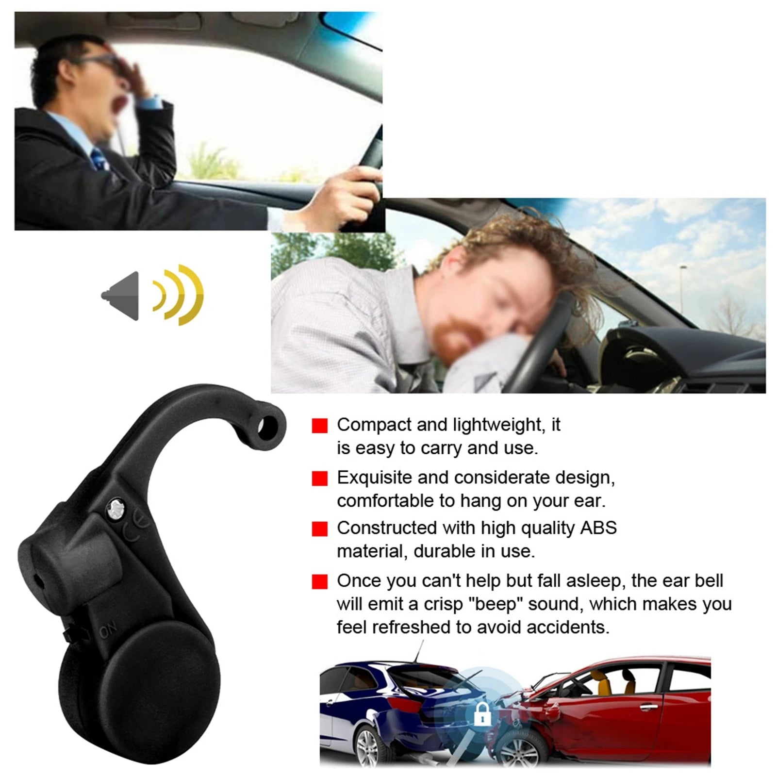 Driver Anti-Sleep Alarm Fatigue Reminder Black Car Safety Alert Device for Long-Distance Driving Hanging On Right Ear Qme