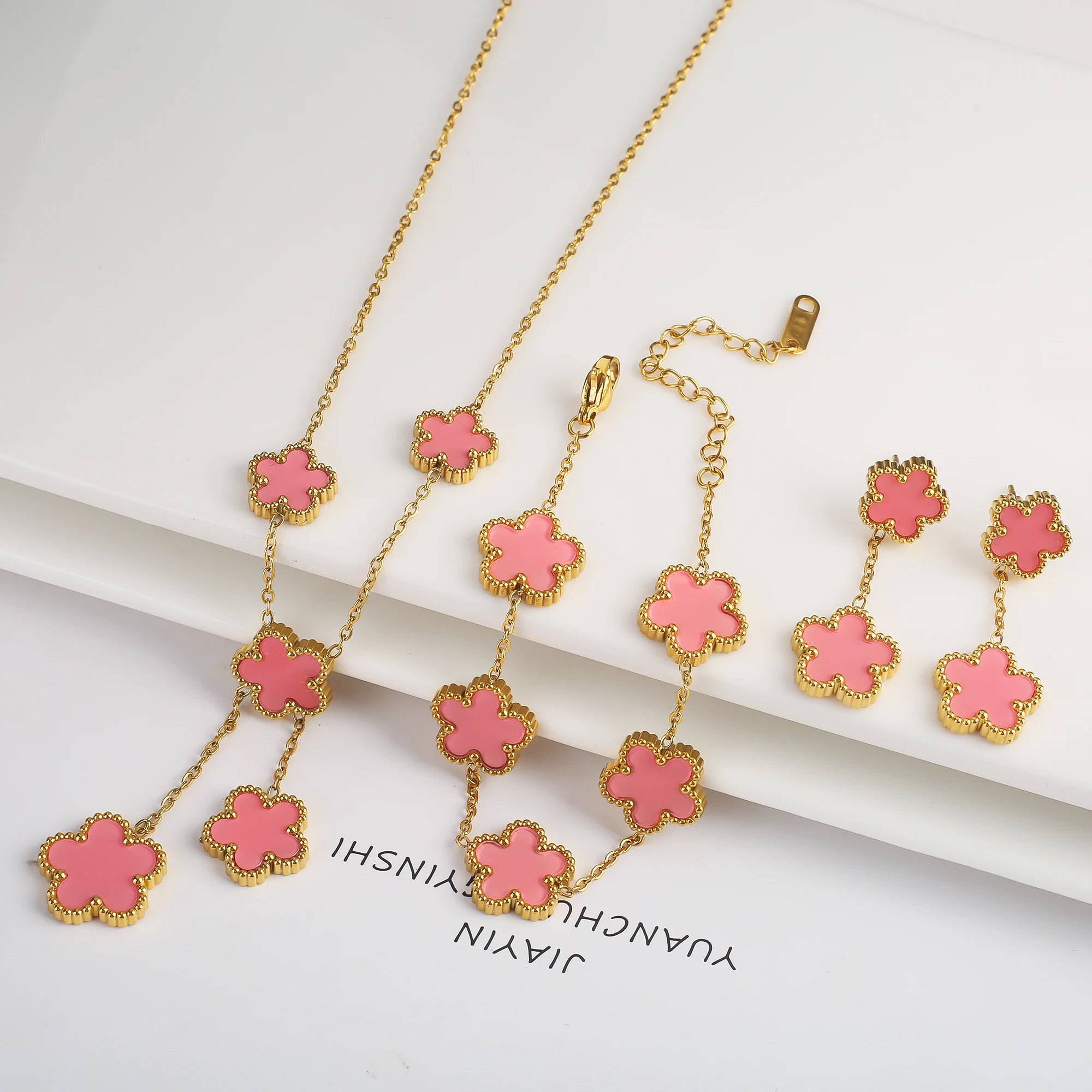 Clover Five Leaf Flower Stainless Steel Bracelet Necklace Earrings Jewelry Set Luxury for Women High Quality Party Jewelry Gift Qme 18