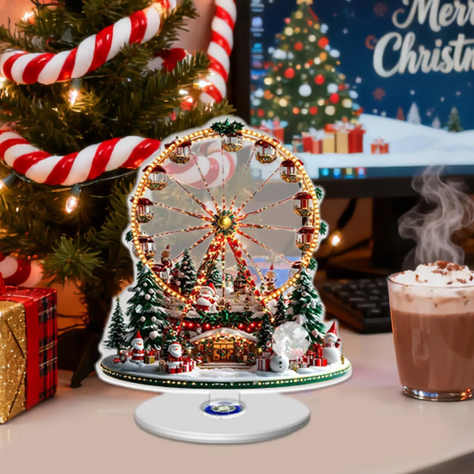 Christmas Table Decor 2D Vintage Ferris Wheels Rotating Base Tree Qme