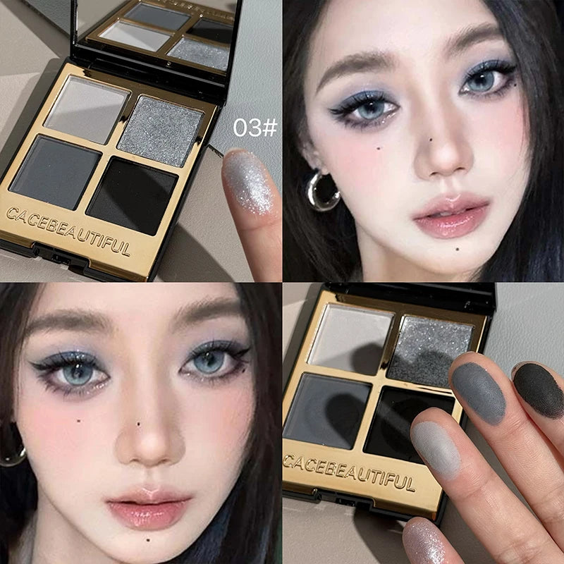 CACE Smoke Dark Grey 4-color Eyeshadow Pearly Bright Matte Glitter Eye Shadow Shimmer Pigment Palette Lasting Earth Black Makeup Qme 03