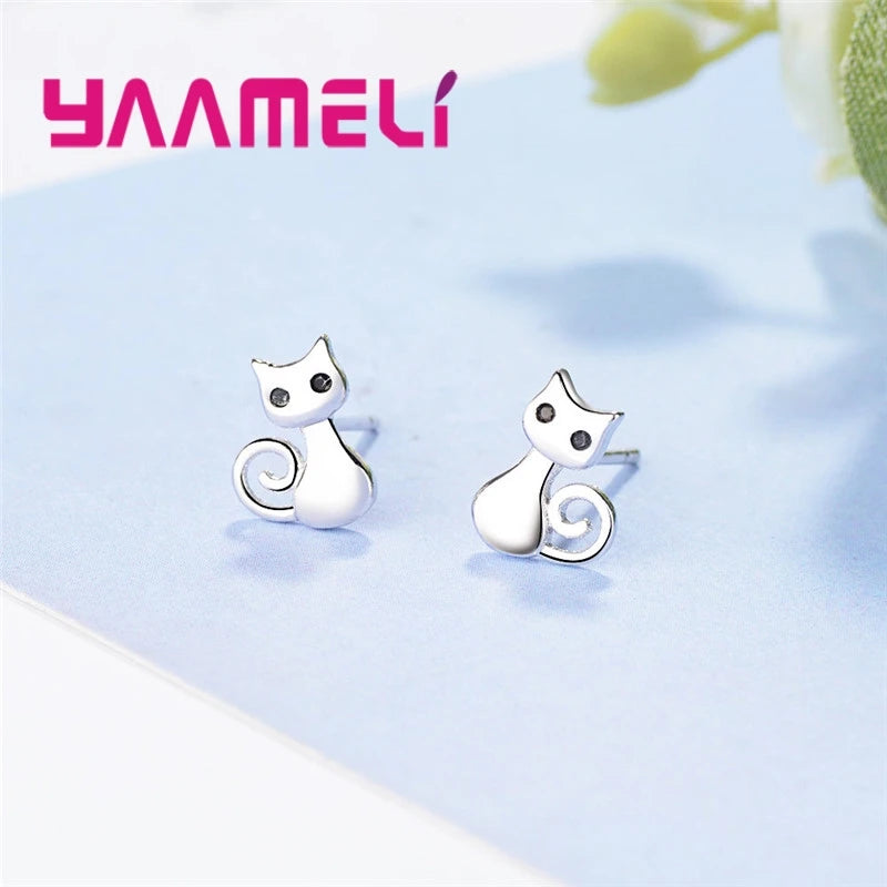 Cute Lovely Stud Earrings For Women Smart Cat Shape Jewelry Shiny Black Cubic Zirconia Top Quality 925 Sterling Silver Color Qme