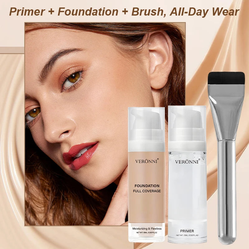 VERONNI Full Coverage Foundation& Hydrating Primer Foundation Brush Qme