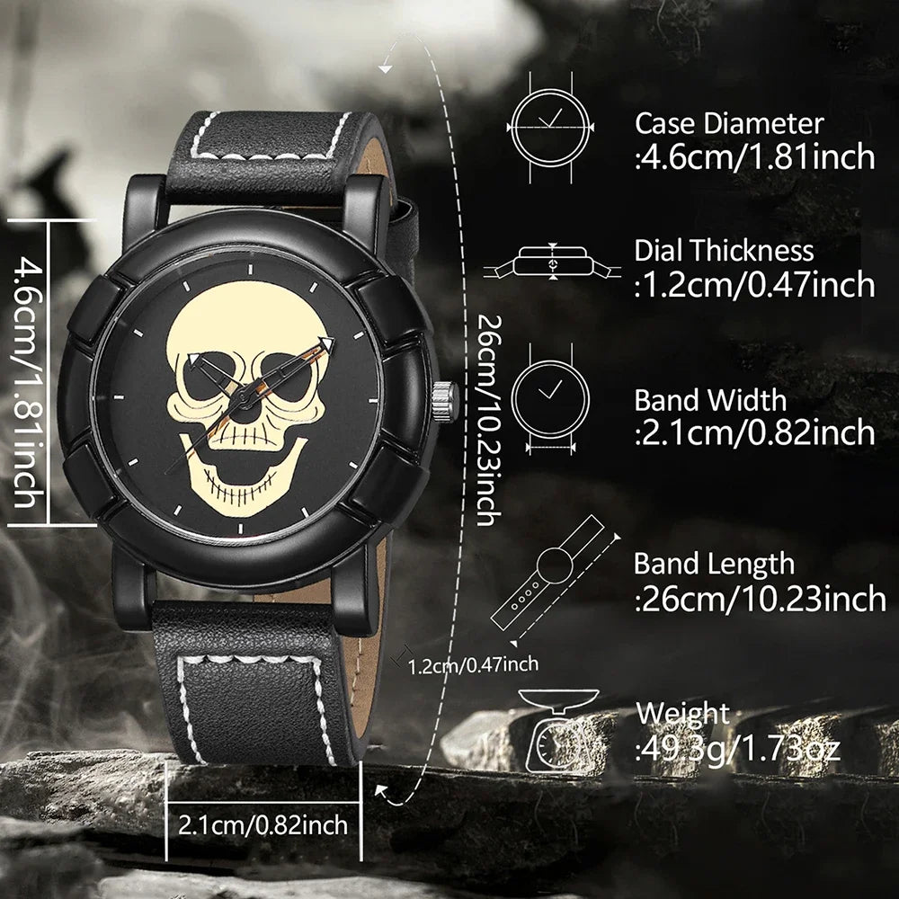 4PCS/SET Men's Watch Fashion Trend Halloween Elements Round Dial Quartz Watch Bracelet Necklace Ring Set Perfect Holiday Gift Qme