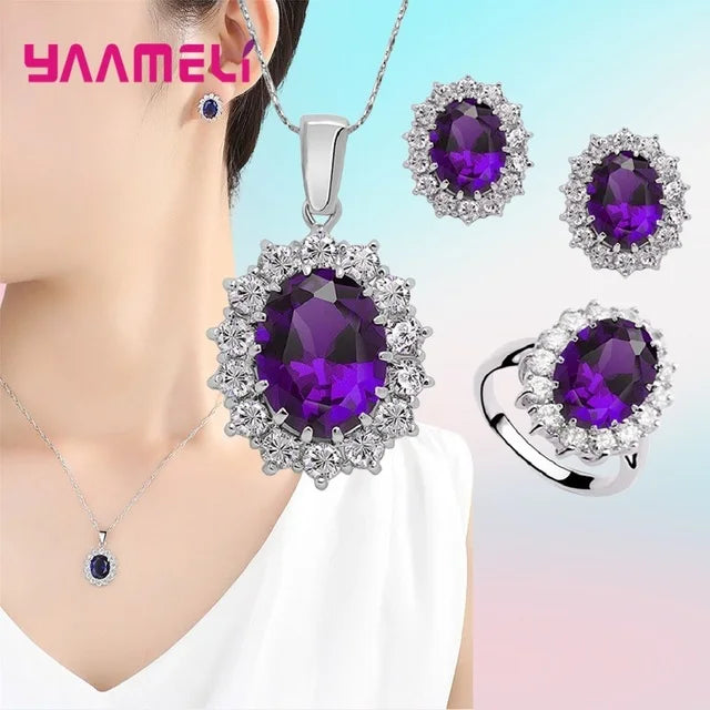 100% Authentic 925 Sterling Silver Color Women Wedding Engagement Jewelry Sets Oval Flower Design Shiny Cubic Zircon Crystal Qme Purple