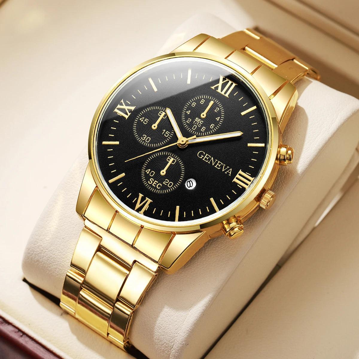 Men's steel strap watch with luminous hands, calendar stone hand, English watch, high-end feel, business watch, large dial Qme