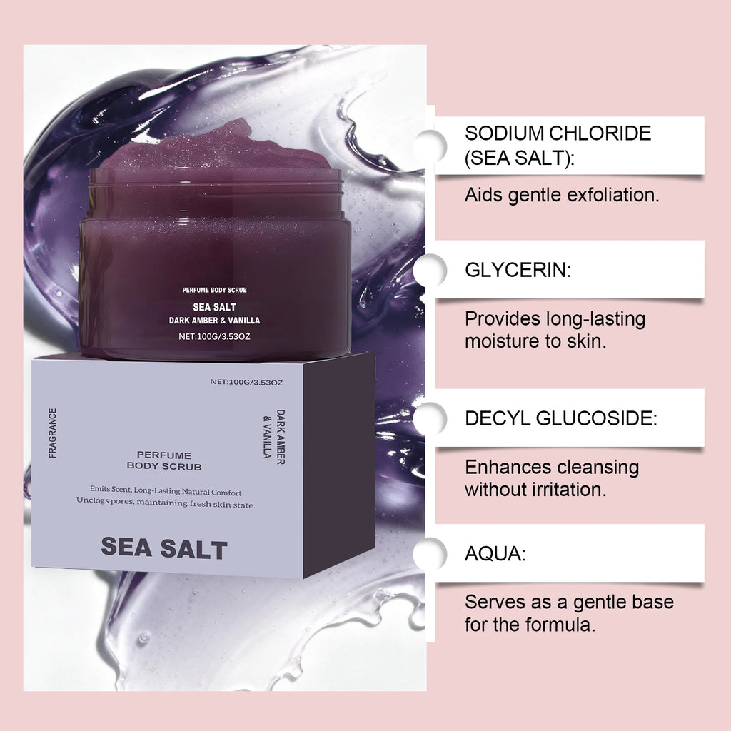 Perfume Body Scrub Hydrating Smoothing Skin Natural Exfoliating Salt Rose Coral Amber Vanilla Scent Moisturizing Cleansing Skin Qme