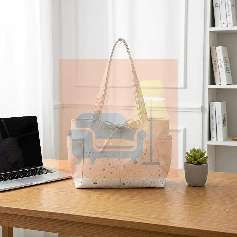 Light Blue Tote Bag With Glitter Star Pattern Bow Decor Multi Pockets For School Shopping Daily Outings Travel Qme