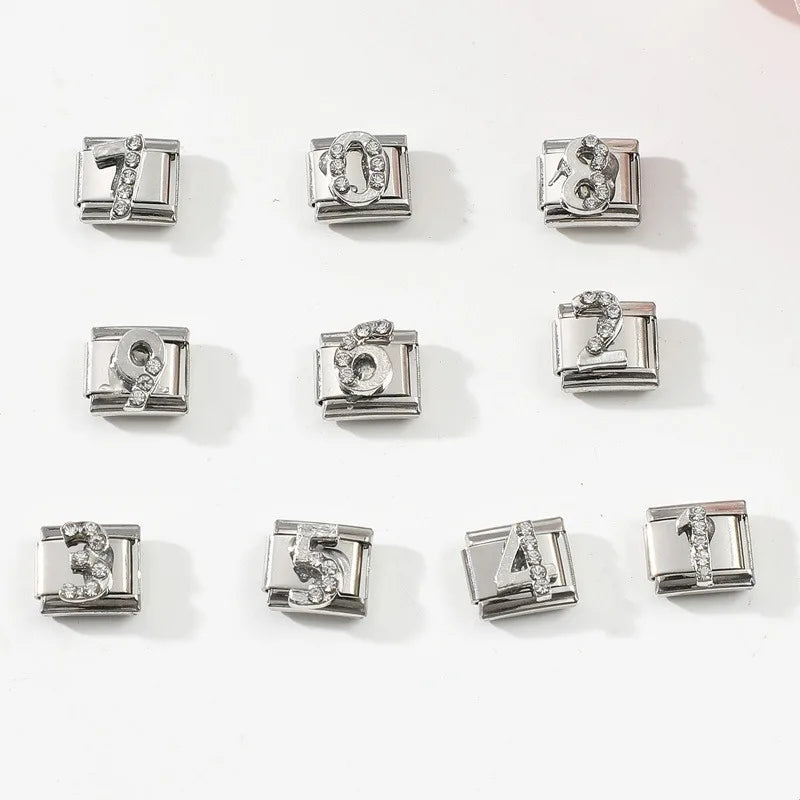 Hot Selling Shiny Zircon Numbers 0-9 Italian Charm Link 9mm Stainless Steel Modular Bracelet Jewelry Accessories DIY Wholesale Qme