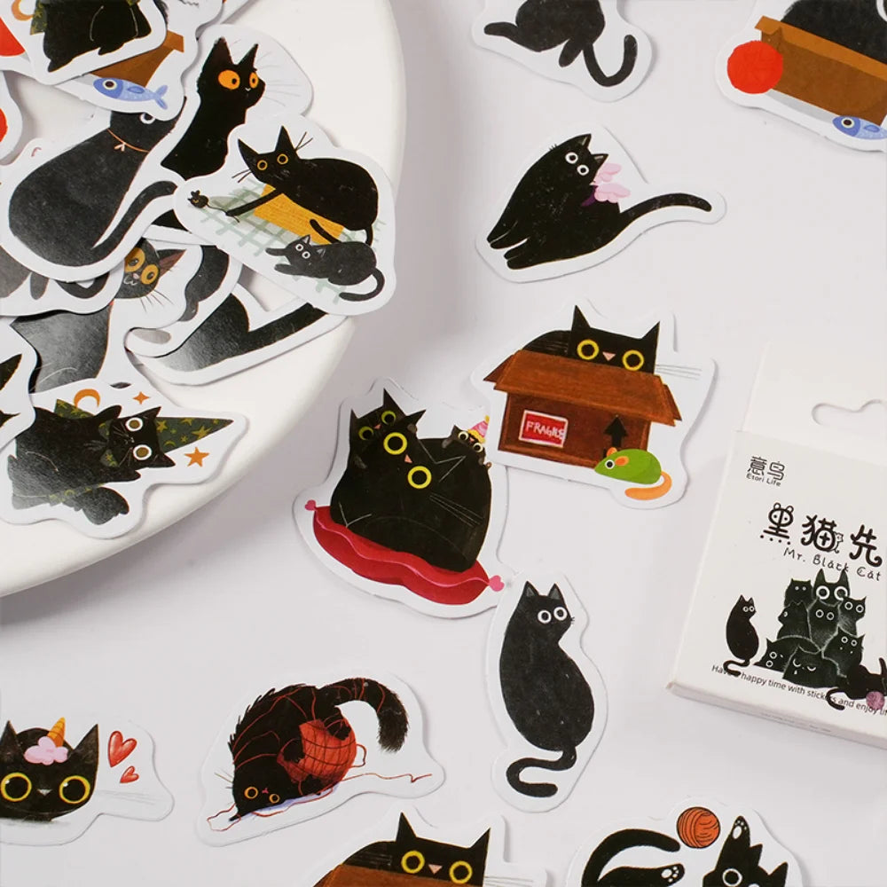 46pcs/Box Stickers Kawaii Black Cat Items DIY Handbook Stickers Boxed Cute Diary Greeting Card Sticker Stationery Decoration Qme