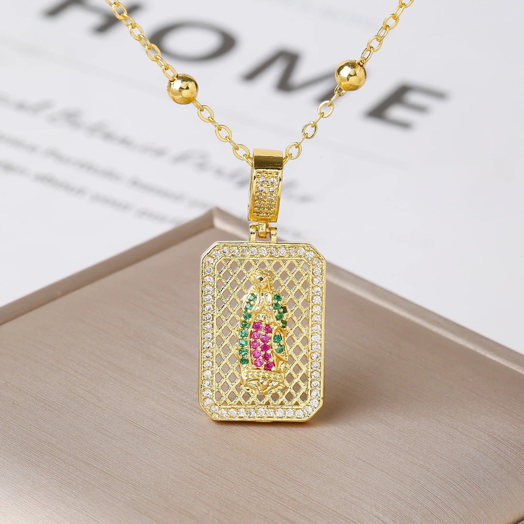 Square Hollow Virgen De Guadalupe Multicolor Zircon Pendant Necklace Catholic Religious Protection Jewelry For Women Daily Wear Qme 3