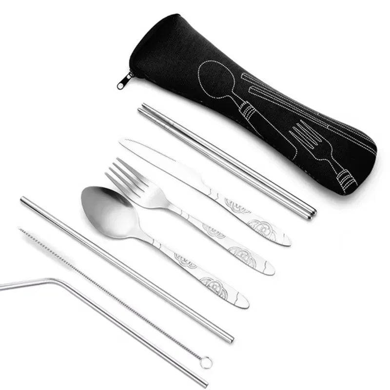 Portable Stainless Steel Cutlery Bag Spoon Fork Knife Chopsticks Qme