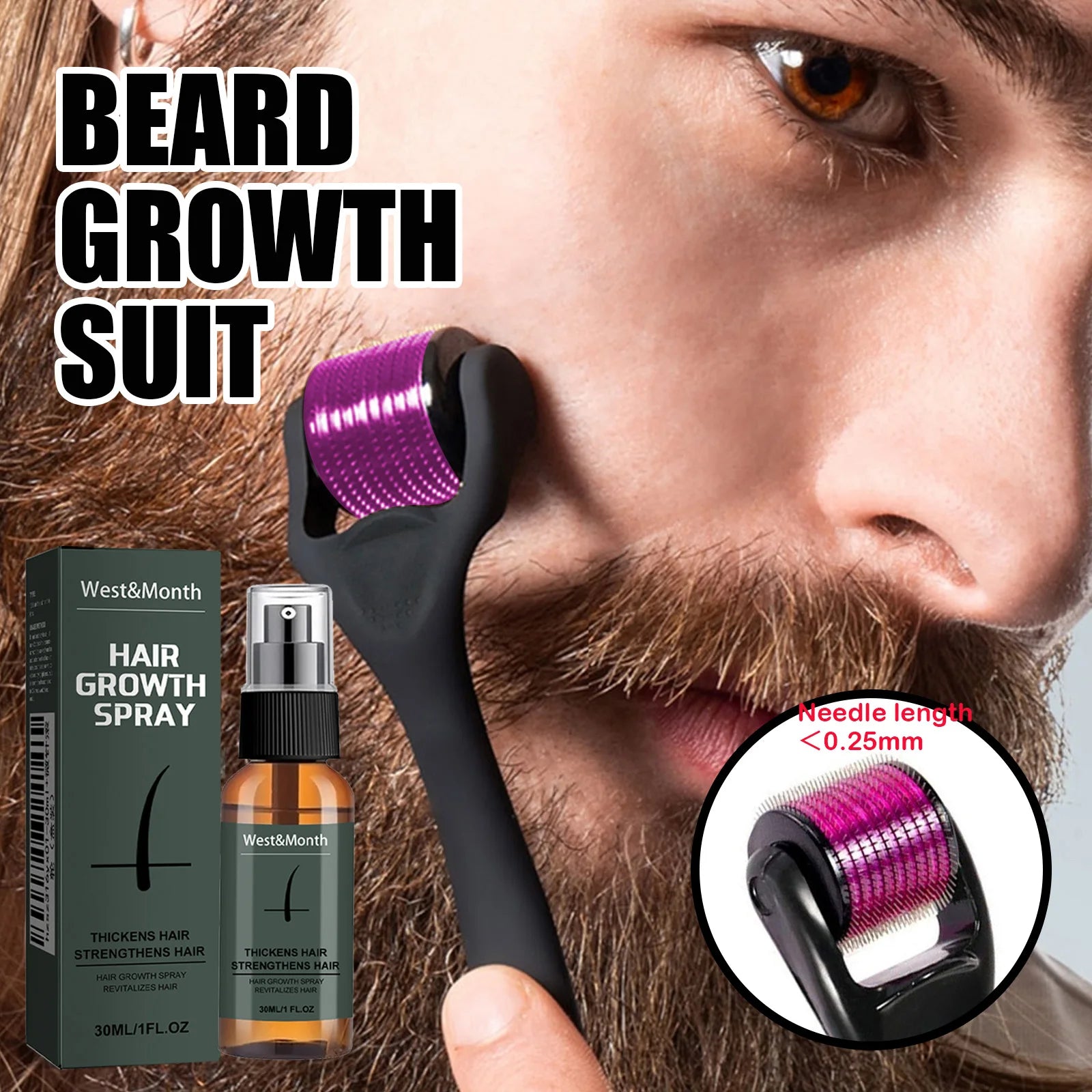 Men's Beard Spray Kit with Micro Roller 0.25mm Moisturizing Thicken Facial Hair Beard Boosting Essence Nourishing Spray Bear Qme