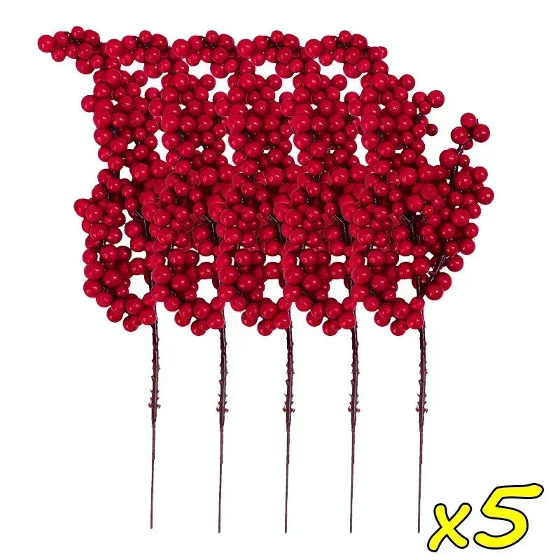 Christmas Artificial Red Berries Branch Fake Plants Flowers Holly Berry Stamen Wreath Ornaments for Xmas Tree Party Home Decor Qme 5 Branches 20.5x7x3cm