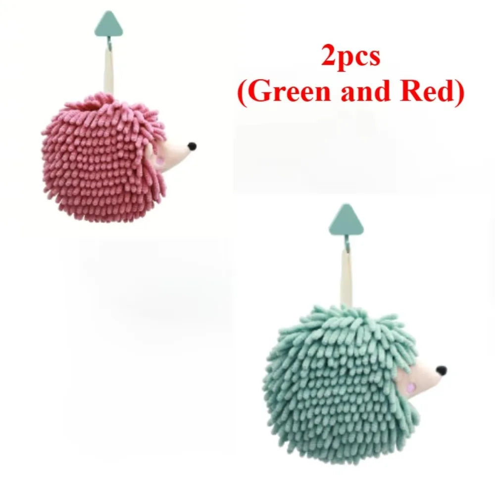 Chenille Fuzzy Ball Hand Towels Hedgehog Cartoon Towels Absorbent Funny Hanging Hand Drying Towel with Loop for Bathroom Kitchen Qme 2PCS(Red Green)