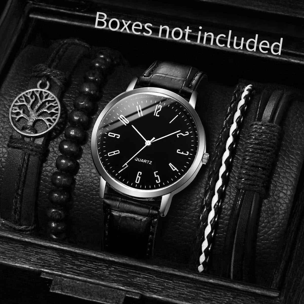 4/5PCS Fashion Men's Watches Bracelets Set Casual Arabic Dial Leather Strap Quartz Wristwatch Reloj Hombre（Without Box） Qme Black A Without Box