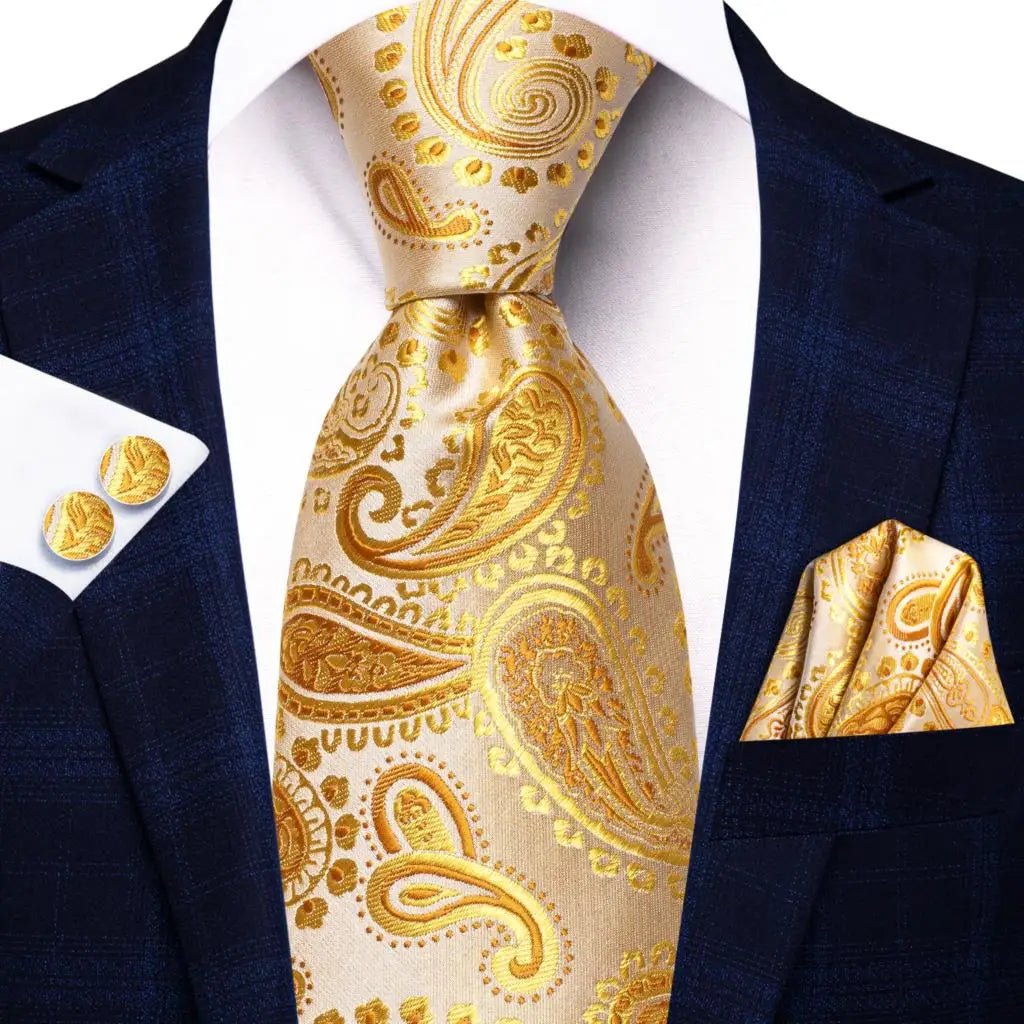 Designer Gold Solid Wedding Tie Men Handky Cufflink Striped Plaid Qme C-3471